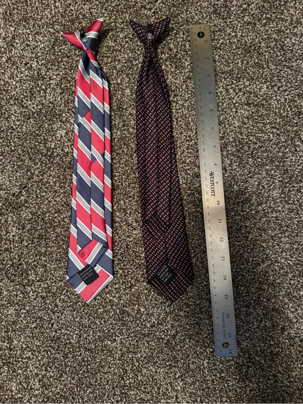 2 Clip On Ties - Never Worn- Classic Red & Navy Striped / Red & Black Patterned